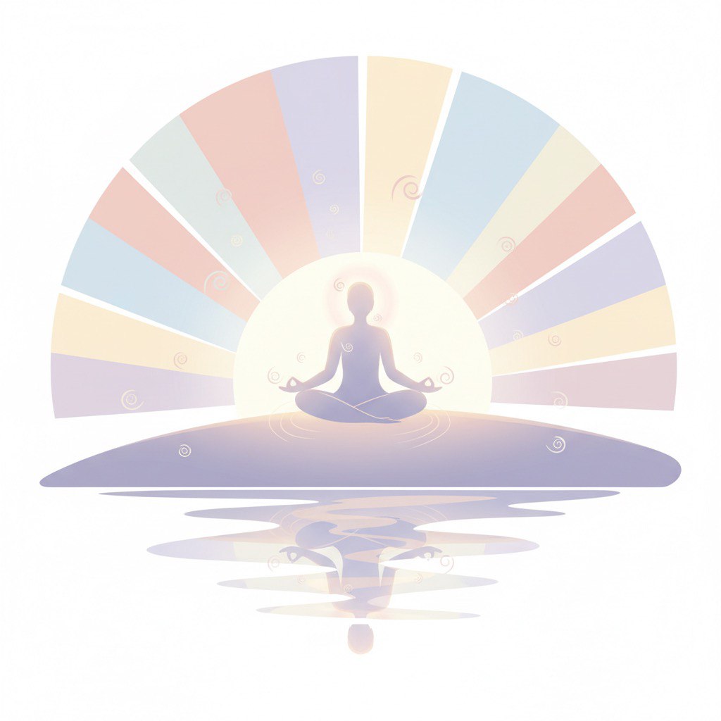 Person meditating on a hill at sunrise, inner calm