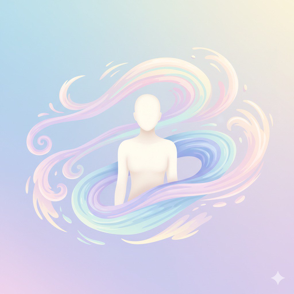 Abstract flow of water and wind around a calm figure