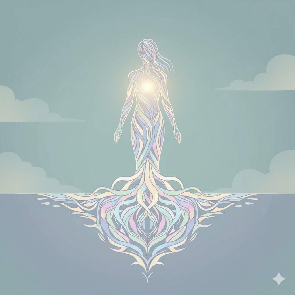 Person with glowing chest and deep roots, inner strength